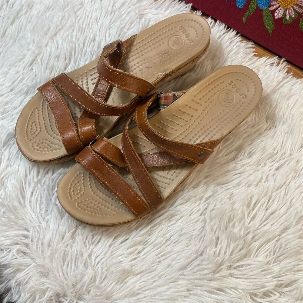 Crocs Women's Brown Leather Strappy Wedge Sandals Size 8 Casual Summer